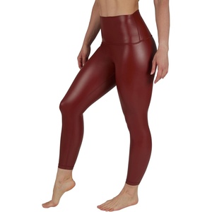 image:image90 Degree By Reflex Super High Waist High Shine Faux Leather Fleece Lined Elastic Free Ankle LeggingsDark Madder Elastic Free