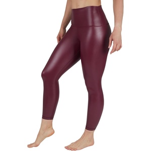 image:image90 Degree By Reflex Super High Waist High Shine Faux Leather Fleece Lined Elastic Free Ankle LeggingsUptown Red Elastic Free