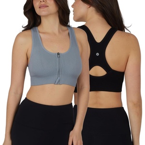 image:image90 Degree By Reflex Womens 2 Pack Zip Front Bra Seamless Textured Racerback Performance Supportive Sports BraWeathervaneBlack