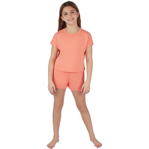 image:imageYogalicious Girls Set 2 Piece Short Sleeve Top amp Drawstring Short Athletic OutfitFusion Coral